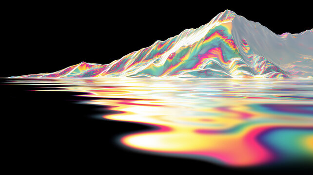 An abstract landscape represented by a reflective mountain surface merging with fluid shapes, symbolizing transformation, imagination, and the fusion of natural and digital artistic concepts.
