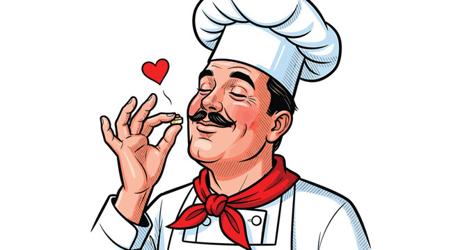 Happy cartoon chef with mustache and chefs hat, wearing a red scarf, making a delightful mmm gesture, expressing satisfaction with tasty food