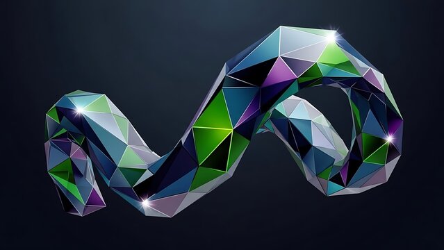 Abstract geometric crystal sculpture with iridescent colors on dark background