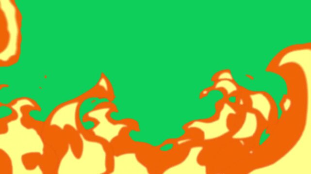 Stylized cartoon fire animation element with orange and yellow flame shape over a solid green screen background for easy compositing