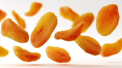 A dynamic composition of dried apricots captured floating in midair that represents freshness natural nutrition and the appeal of wholesome fruit snacks.
