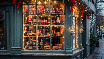 Naklejka premium An old toy store decorated with a Christmas theme. The window display is illuminated with classic toys, red and gold lights, snow piled on the window, creating a magical and nostalgic atmosphere