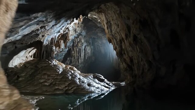 Cinematic slow pan across the vast, rough-hewn interior of a silent, echoing underground cavern emphasizing deep geological blank space rough-hewn, wide, deep