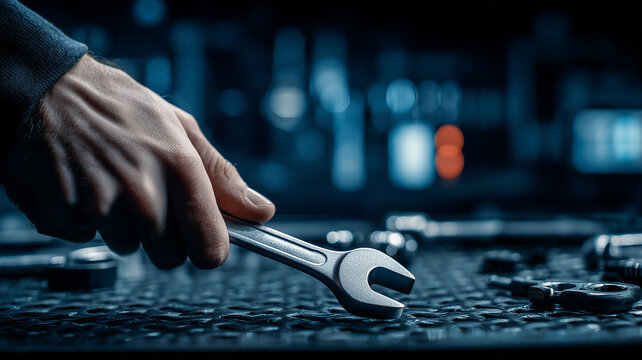 A worker hand holding a wrench on a workshop table representing manual labor precision craftsmanship and the essential role of technical expertise.

