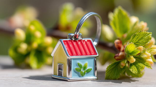 A miniature house keychain beside new plant buds symbolizing home ownership growth sustainability and the beginning of positive real estate opportunities.
