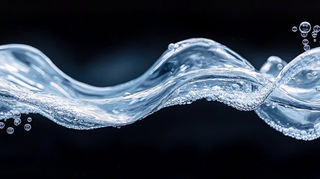 Close-up of a water wave with bubbles, flowing against a dark black background, highlighting the texture and transparency of the water.