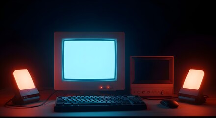 Nostalgic retro computer setup with a bright glowing CRT monitor and warm ambient lights in a dark, atmospheric room, evoking a quiet late-night tech aesthetic