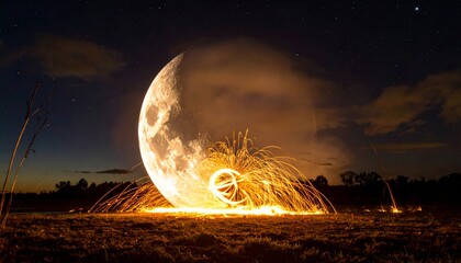 A dramatic night scene with a large crescent moon and a circular light trail of golden sparks on the ground.