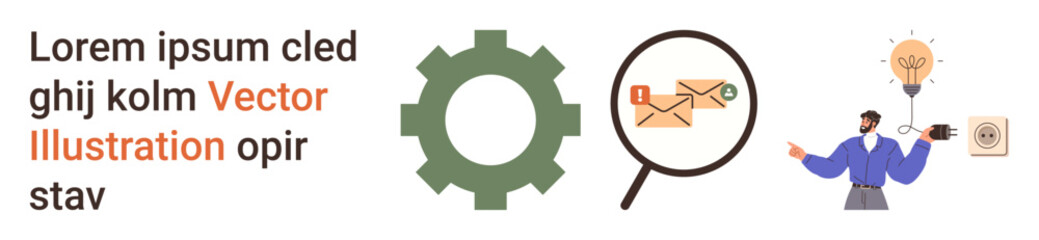 Project management, process automation, email communication, problem-solving, innovation, business solutions. Green gear, magnifying glass with email person with idea bulb. Project management