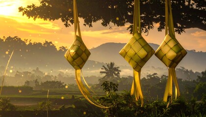 Three traditional ketupat hanging from a tree branch against a beautiful misty sunrise over a lush green landscape with rice fields and hills.