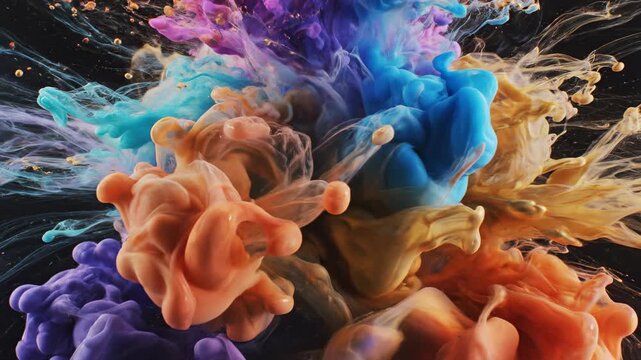 Dynamic abstract colorful liquid dissolution causing chaotic swirling disorder against a dark seamless background mess, swirling, diffusion