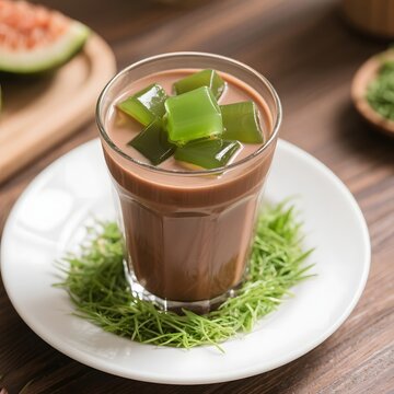 4k high quality Ai generative HD photo realistic menu selling eat food healthy dessert traditional Indonesia ice es coconut bowl coklat glass milk green grass cincau cao hijau susu drink chocolate