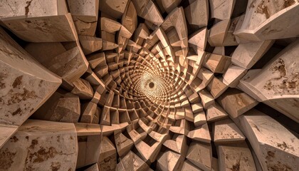 Intricate geometric pattern of a spiraling architectural dome or ceiling, creating a mesmerizing optical illusion.