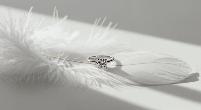 Elegant Ring on Feather: A gleaming engagement ring rests delicately upon a soft, pristine feather, bathed in gentle light, evoking feelings of purity and timeless beauty.