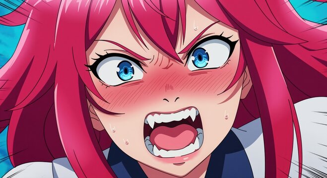 Anime woman expression: Anime character expressing anger and frustration with exaggerated facial features, vibrant hair color and open mouth