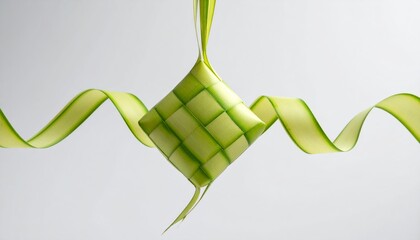 A traditional woven palm leaf ketupat, a symbol of Eid al-Fitr, hanging gracefully with decorative ribbons against a clean white background.
