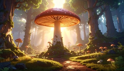 A magical fantasy forest scene with a giant glowing mushroom at its heart, surrounded by smaller fungi and a sunlit path.
