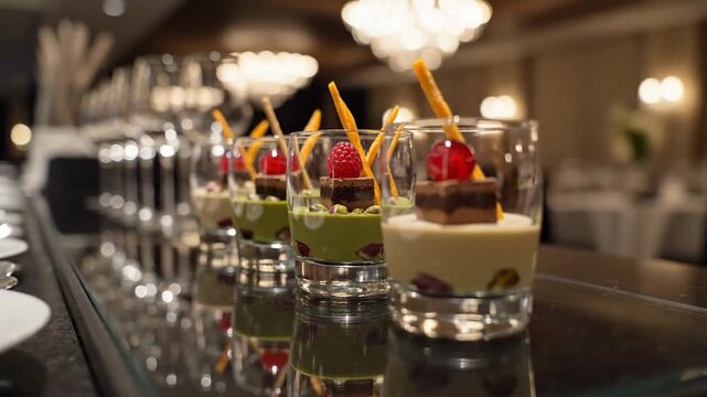 Elegant mini desserts in shot glasses at a festive event