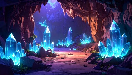 A mystical cave filled with numerous glowing blue and purple crystals, creating an ethereal underground landscape.