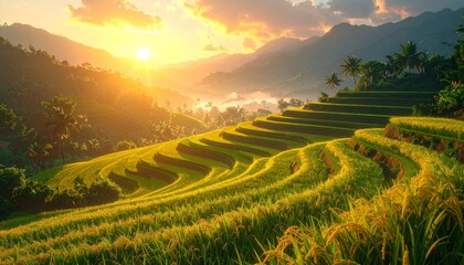 Golden sunrise over lush green terraced rice fields in a mountainous landscape with a misty valley.