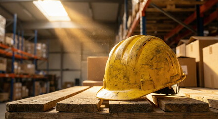 Yellow hard hat on wooden pallets in a sunlit warehouse. Essential for safety, construction, and logistics operations.