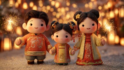 Fototapeta premium 3D Scene of a Cute Family Wearing Festive Clothes