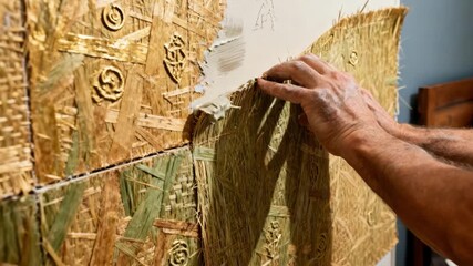 Detail of hands applying textured grasscloth wallpaper to a bedroom wall emphasizing craftsmanship in elegant and durable surface finishes.