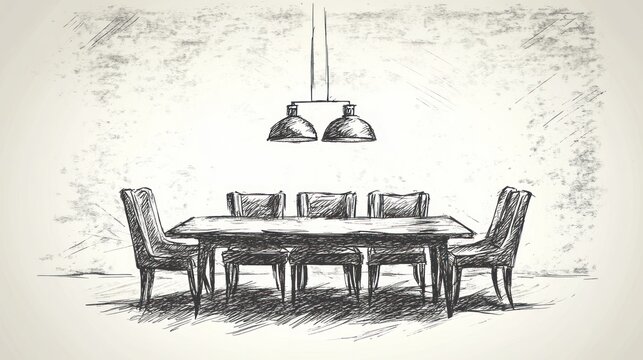 Dining room set with table, chairs, and lights, sketch style for interior design use