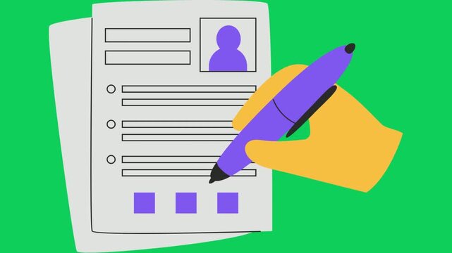 Hand with purple pen filling out a form or survey with checkboxes against a bright green background