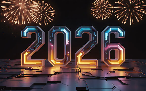 Futuristic Happy New Year 2026 with Neon Circuit Board Numbers technology