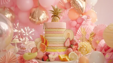 Colorful Layered Cake with Pineapple and Fruit Decorations in Pink Party Setting