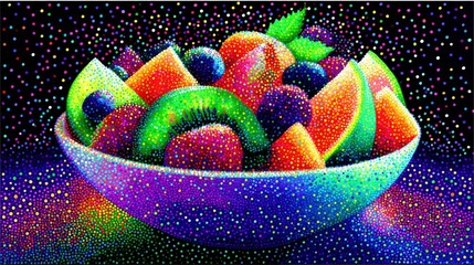 A vibrant and colorful image of a fruit salad in a bowl, set against a dotted background.