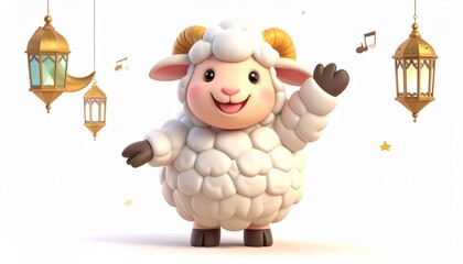 A cute cartoon sheep waves happily amidst golden lanterns and musical notes, celebrating a festive occasion.