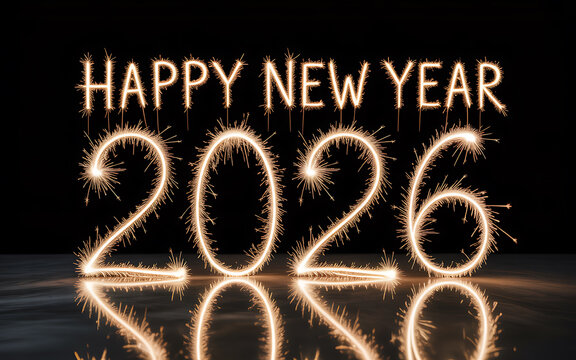 Happy New Year 2026 Sparkler Numbers Reflection on Dark Surface celebration