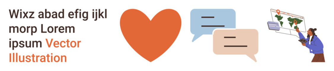 Communication, education, global connection, love, teamwork, visuals. Includes heart, speech bubbles and character teaching with a map. Communication and global connection concepts