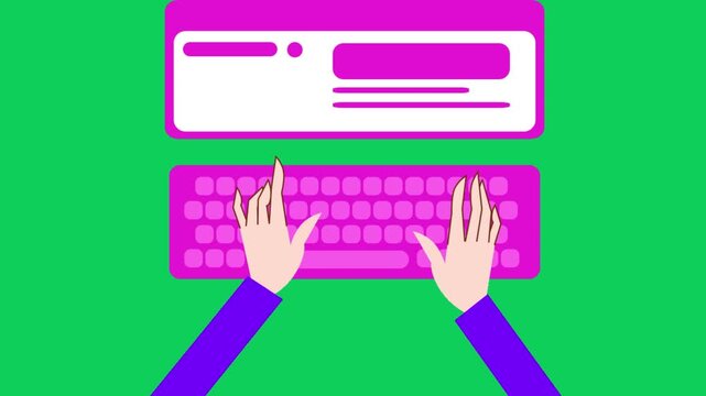Top view of hands typing on a bright pink keyboard in front of a computer screen with a white background