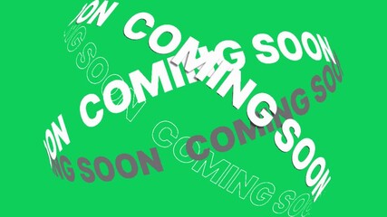 Abstract graphic design with repeating text coming soon in white and gray with a distorted, curved effect on a vibrant green background