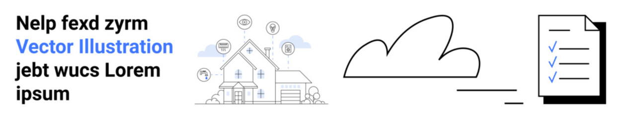 Technology integration, data security, cloud storage, smart home automation, software management, workflow. Line art of a house with icons, cloud symbol and document checklist. Technology