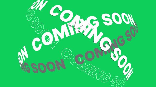 Abstract graphic design with repeating text coming soon in white and gray with a distorted, curved effect on a vibrant green background