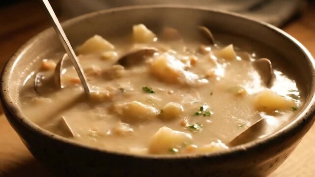 Steaming Bowl of Creamy Clam Chowder with Potatoes and Parsley Garnished Served in Rustic Ceramic Bowl Cozy Autumn Evening Ambiance