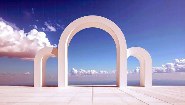 A minimalist architectural design featuring white arches against a blue sky with clouds, creating a sense of openness and serenity.