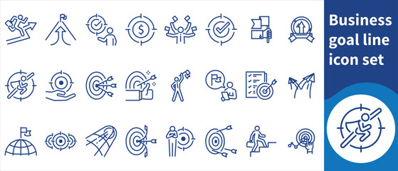 Business goal line icon set, business goals, objectives, vision, mission, strategy, plan, objective, KPI, milestone, roadmap, success, achievement, progress, growth, analysis, character and more