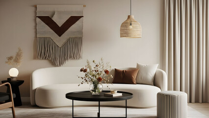 Warm and inviting living room interior with modern bohemian decor