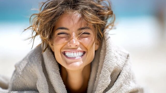 Radiant Beach Bliss: A captivating woman wrapped in a towel beams with unrestrained happiness, embodying the sheer joy of a sun-kissed beach getaway.