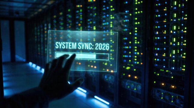 Hand interacts with a holographic system sync interface in a data center, illustrating future technology, big data, and cloud computing processes.