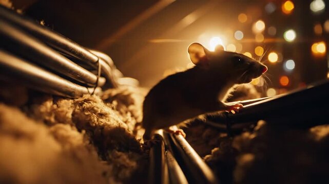 Small rodent peeking from brown insulation amidst cables with warm ambient light