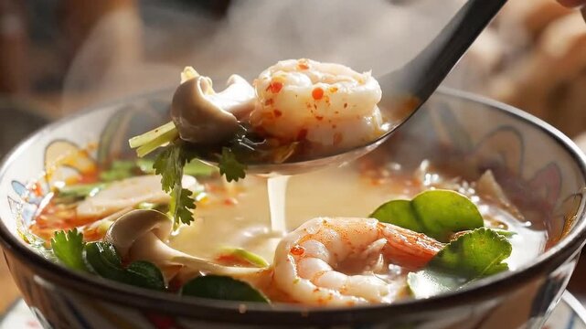 Steaming Hot Tom Yum Goong Soup A Thai Delicacy With Succulent Shrimp Mushrooms and Aromatic Herbs Garnished With Lime Leaves Presented in an Ornate