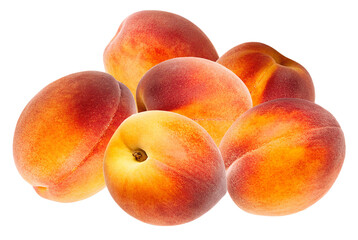 group of delicious, ripe, and fuzzy peaches piled together in a natural arrangement, isolated on a clean, sharp transparent background photograph.