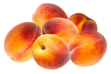 group of delicious, ripe, and fuzzy peaches piled together in a natural arrangement, isolated on a clean, sharp transparent background photograph.