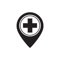 Obraz premium Black medical cross inside location pin icon on white background health hospital 1